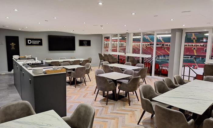 Triple Box Suite at Principality Stadium Cardiff with seating and views overlooking the stadium pitch.